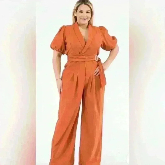 Plus size short sleeve tie wide keg jumpsuit - Picture 1 of 5